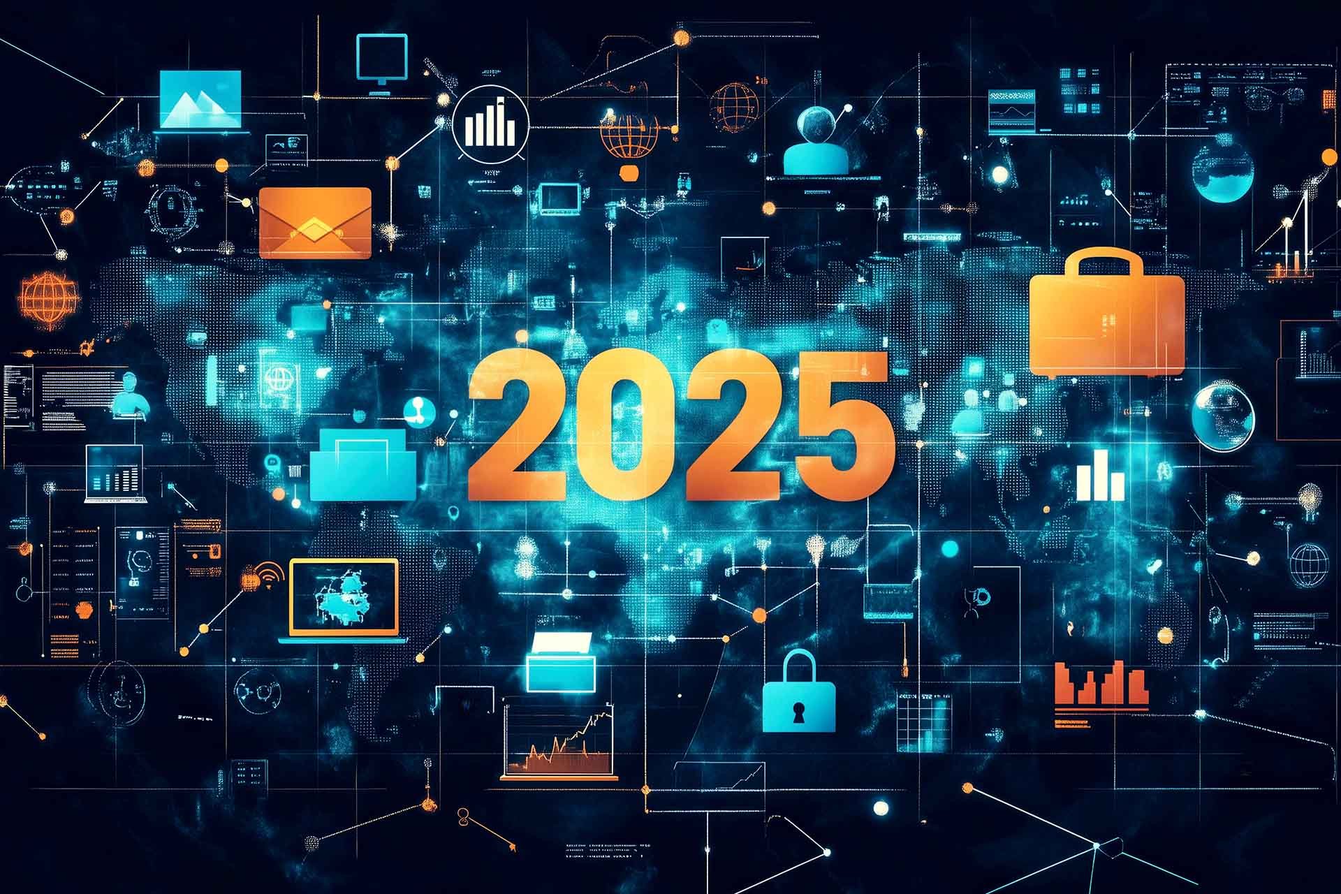 The year 2025 surrounded by icons related to data and business