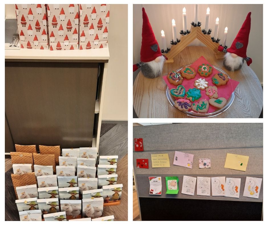 A collage with gingerbread cookies, Moomin gift bags and a wall with cards and coloring pictures