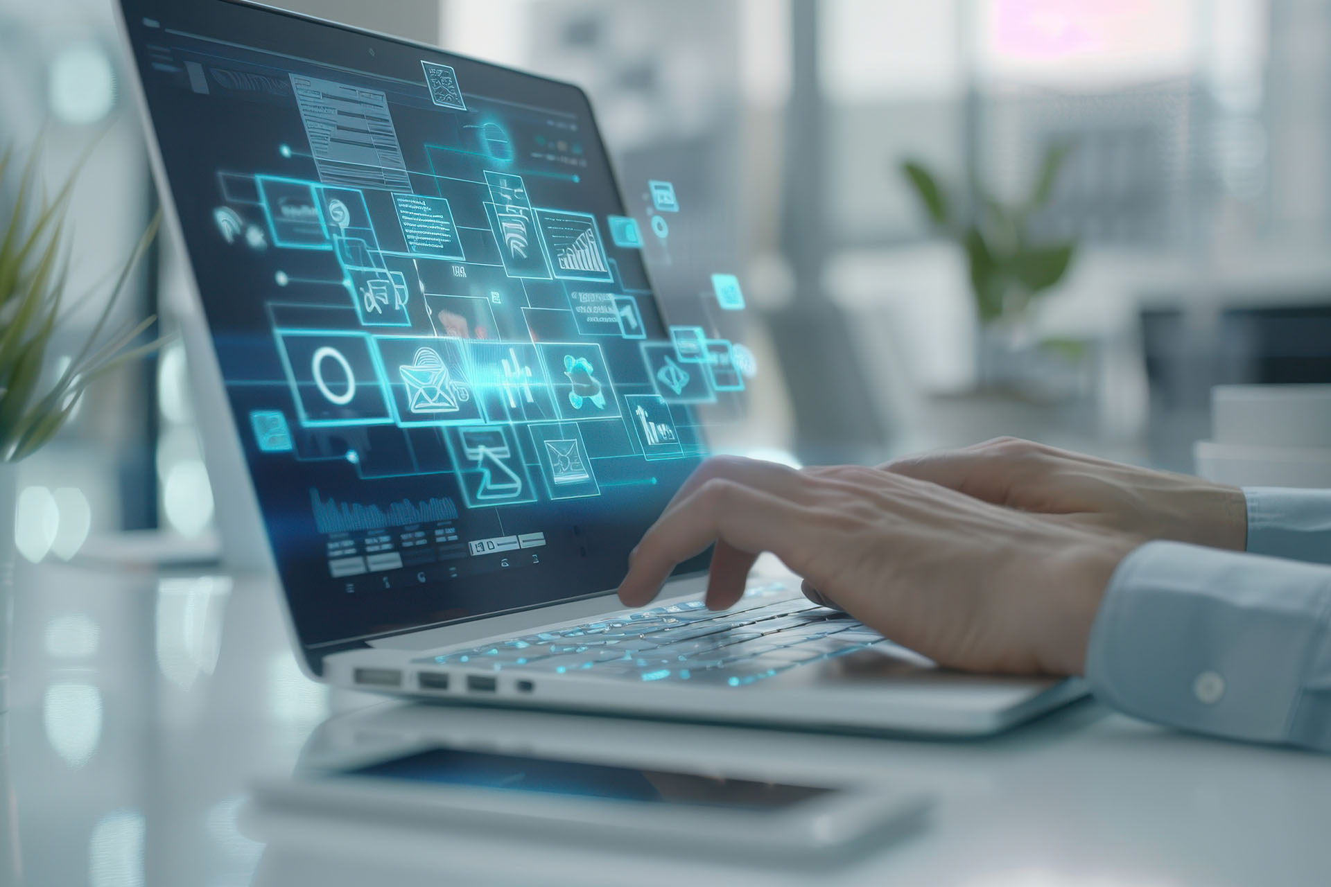  Hands on the laptop keyboard, blue icons of different sizes on the screen