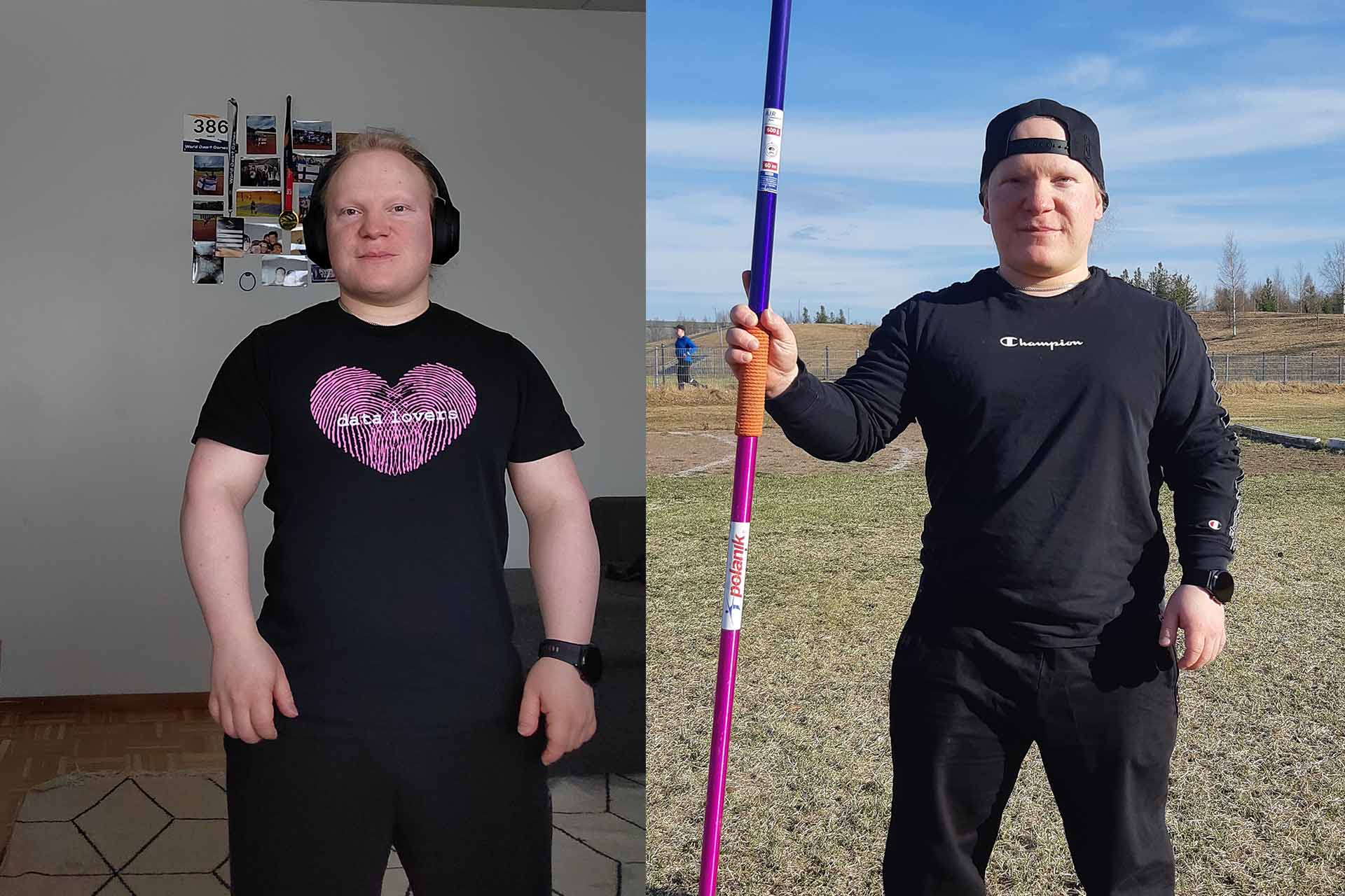  On the left, a man wearing headphones standing in front of the medals in a data lovers shirt and on the right, a man holding a spear