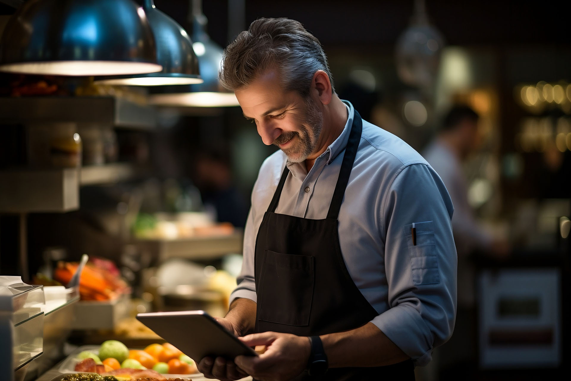  A man wearing an apron smiling and looking at a tablet in a professional kitchen