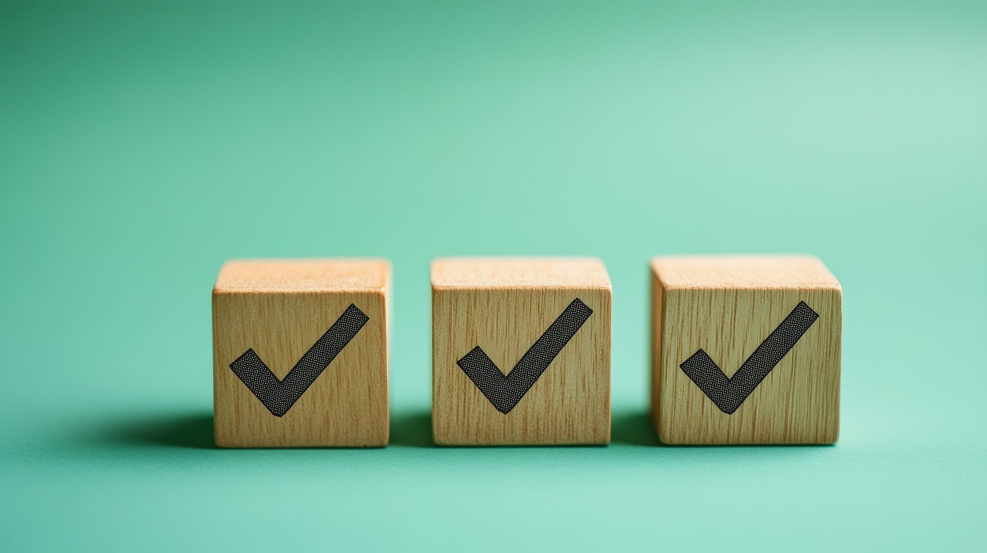 Three wooden blocks with checkmarks on them