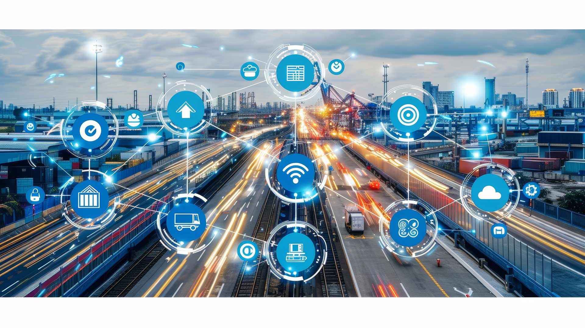 A highway on the background of blue technical logos