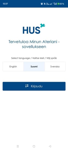 Minun Ateriani sovelluksen kirjautumisnäkymä mobiilissa