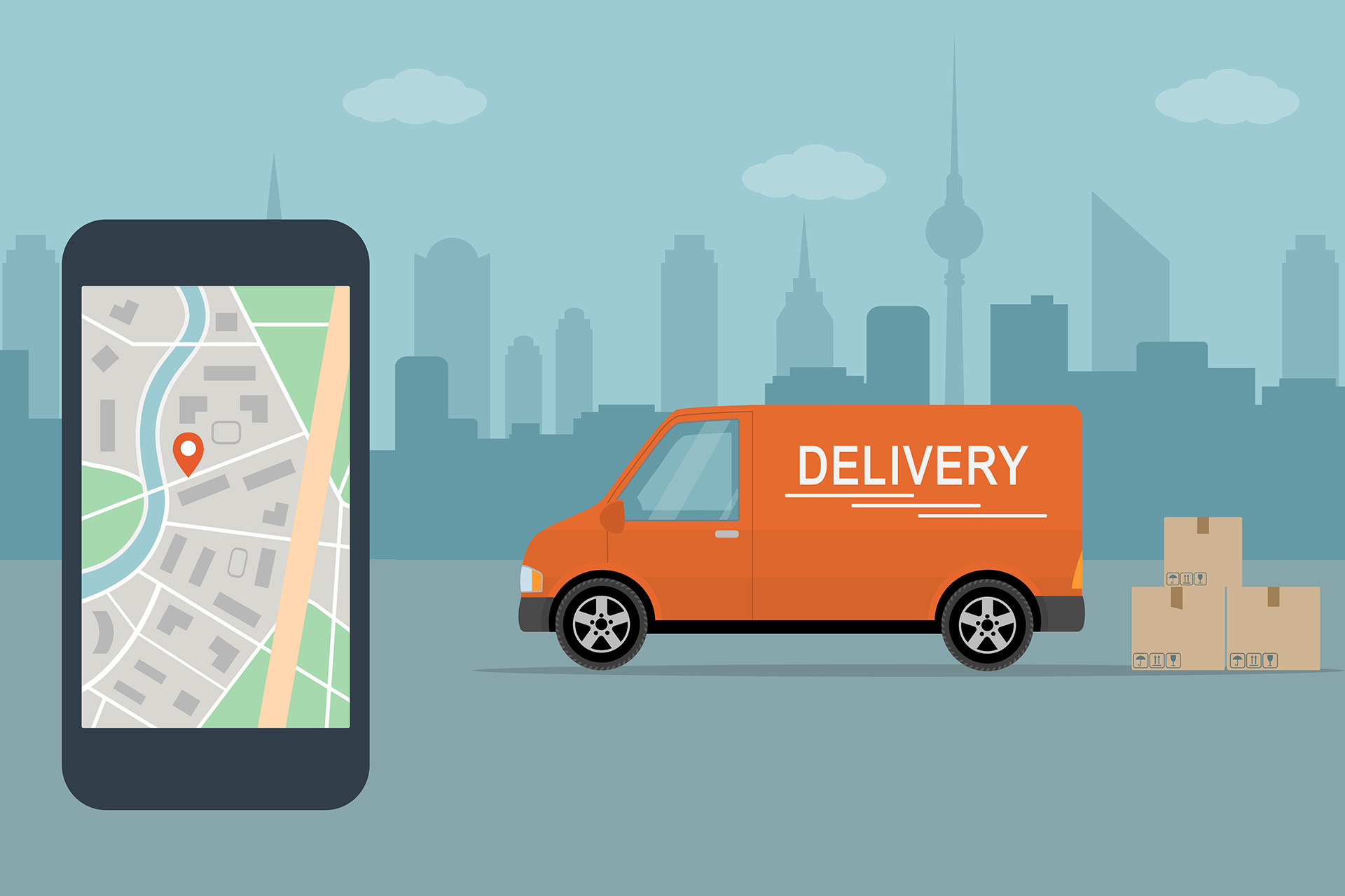 Piirretty kuva jossa kartta tabletilla sekä oranssi pakettiauto  taustallaan kaupungin siluetti